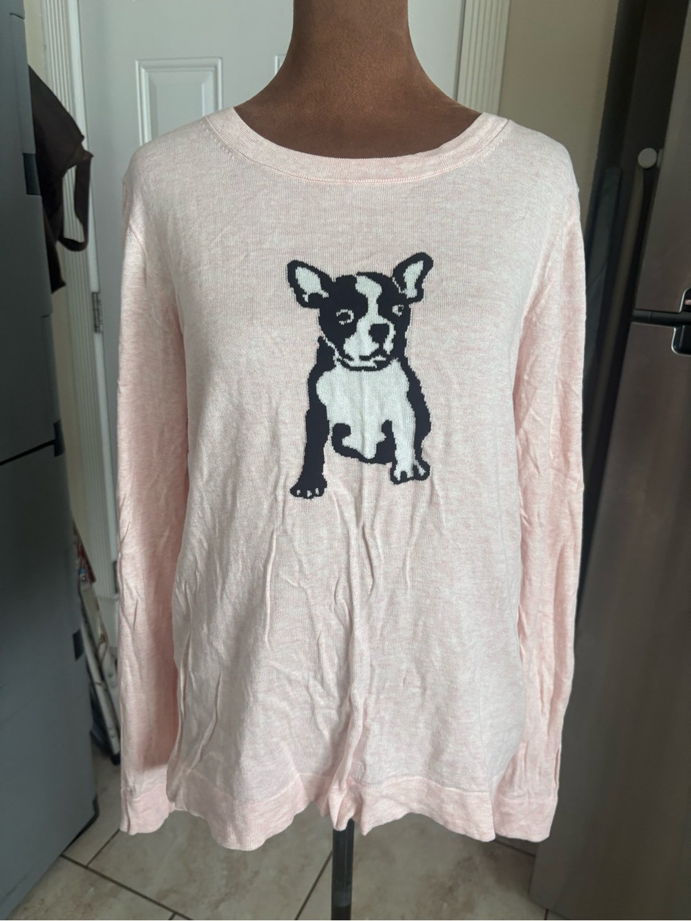 J. Crew Light Pink Long-Sleeve Top with Black & White Dog Motif